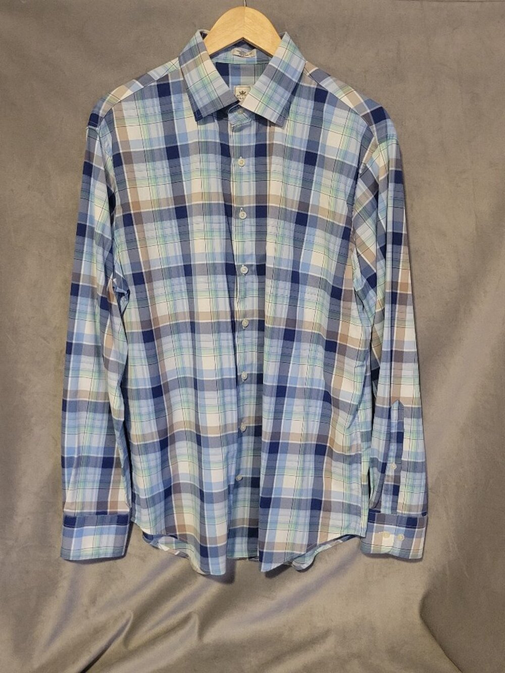 Peter Millar Button Down Long Sleeve Shirt Men’s L Crown Sport Blue Tan Plaid